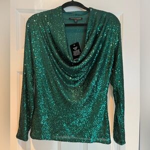Boston Proper new with tags emerald green sequin long sleeve cowl neck blouse S